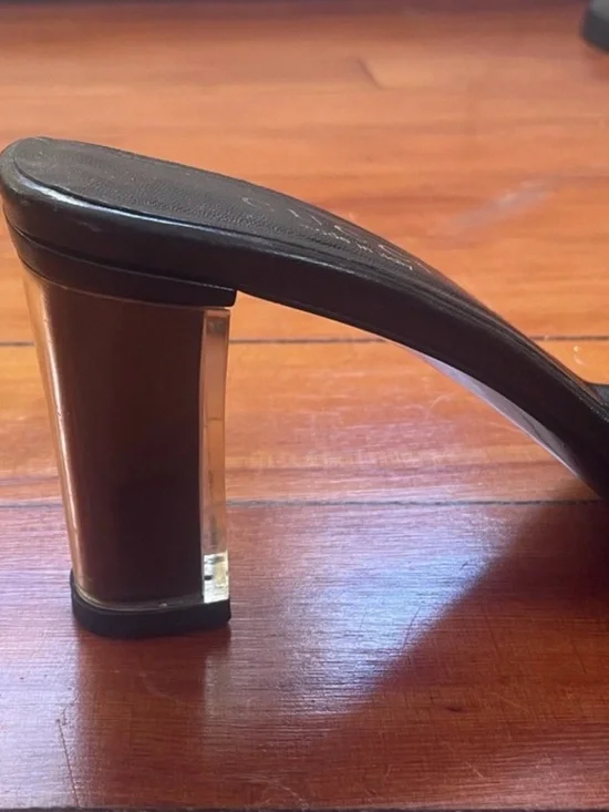 Auth Gucci black Leather Clear Mules block heel lucite vintage sandal 7.5 - Picture 5 of 8